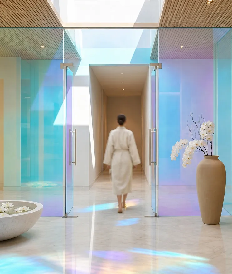 Spa entrance with iridescent dichroic glass