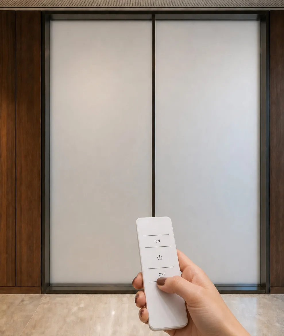 Same glass turned opaque with switchable film on