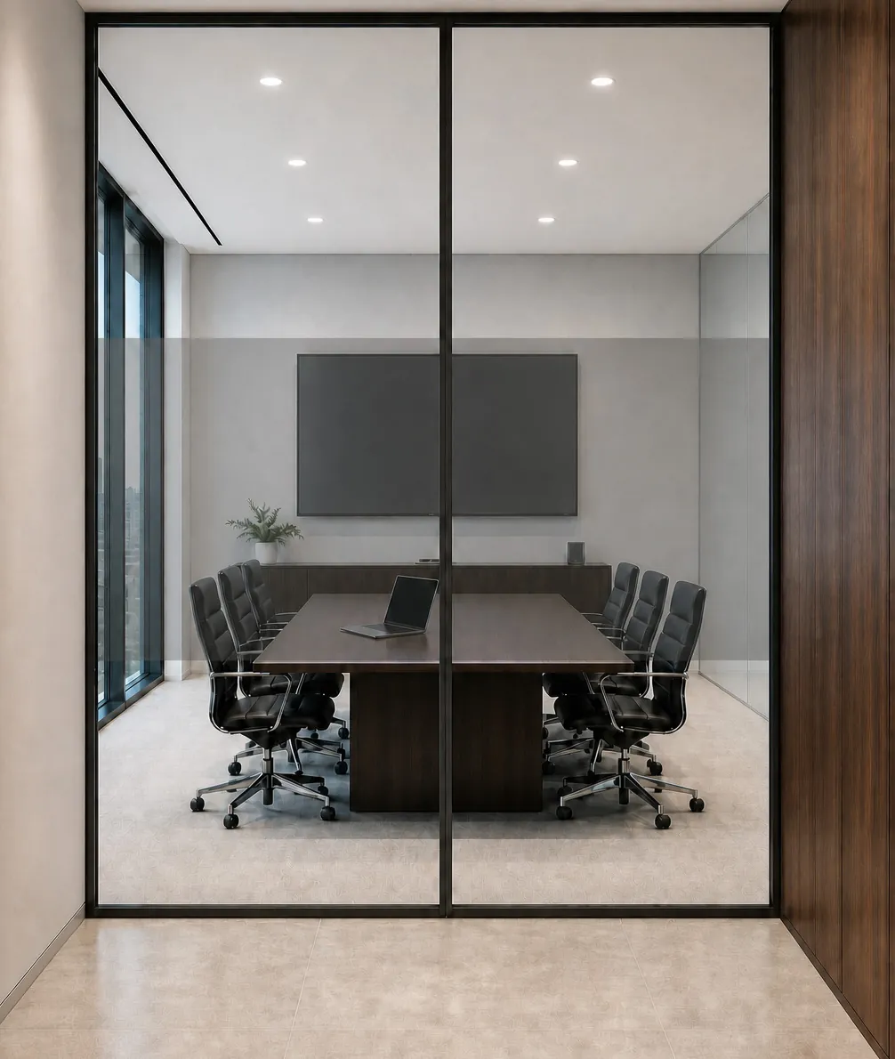 Same room with screen privacy film hiding the display